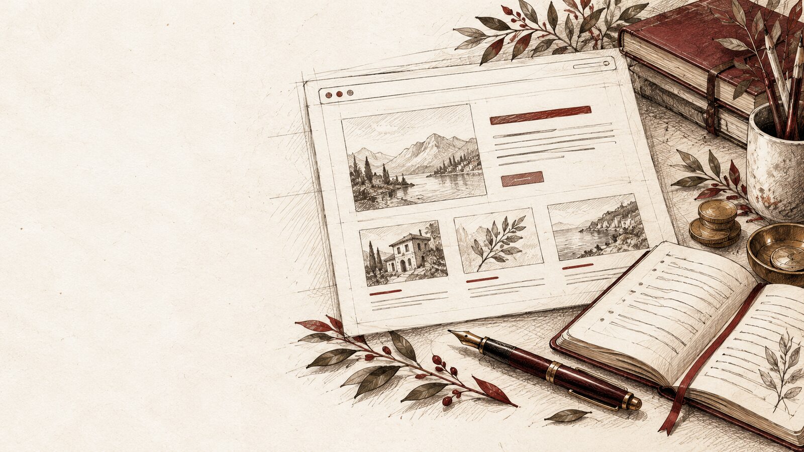 Hand-drawn sketch of a website being drawn on a desk