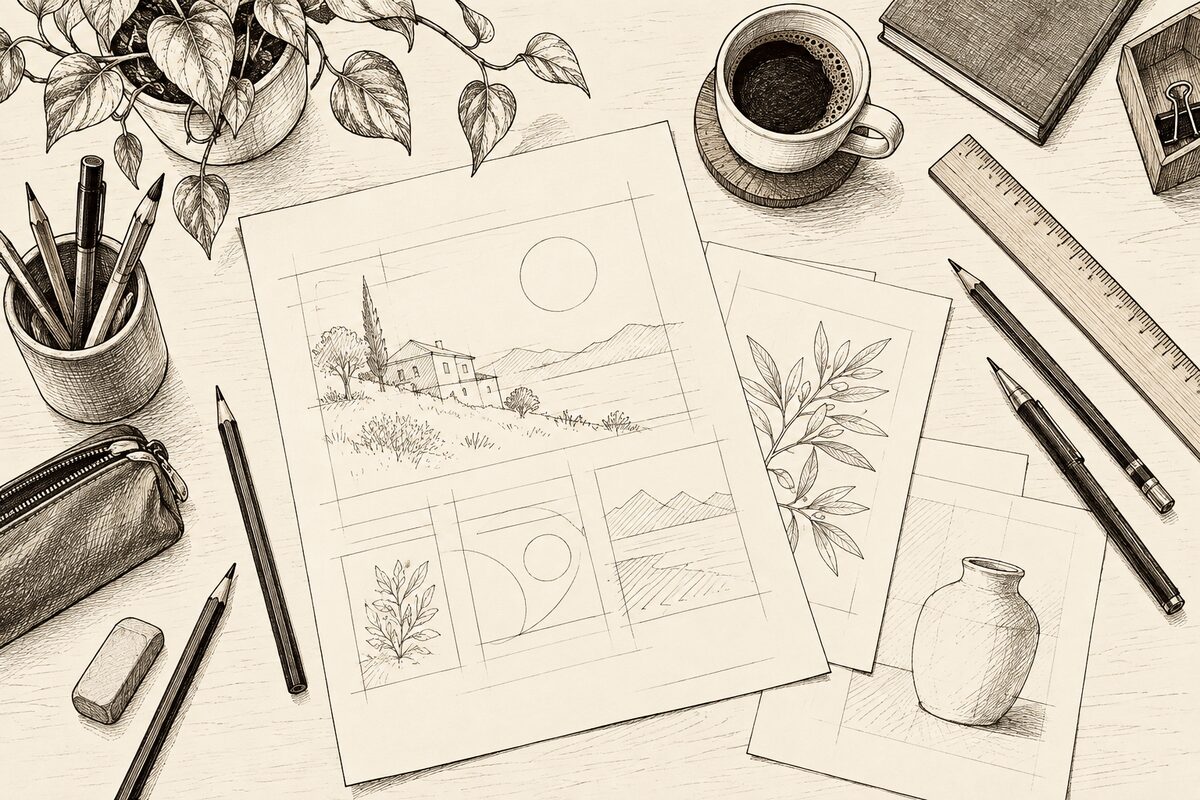 Hand-drawn desk illustration