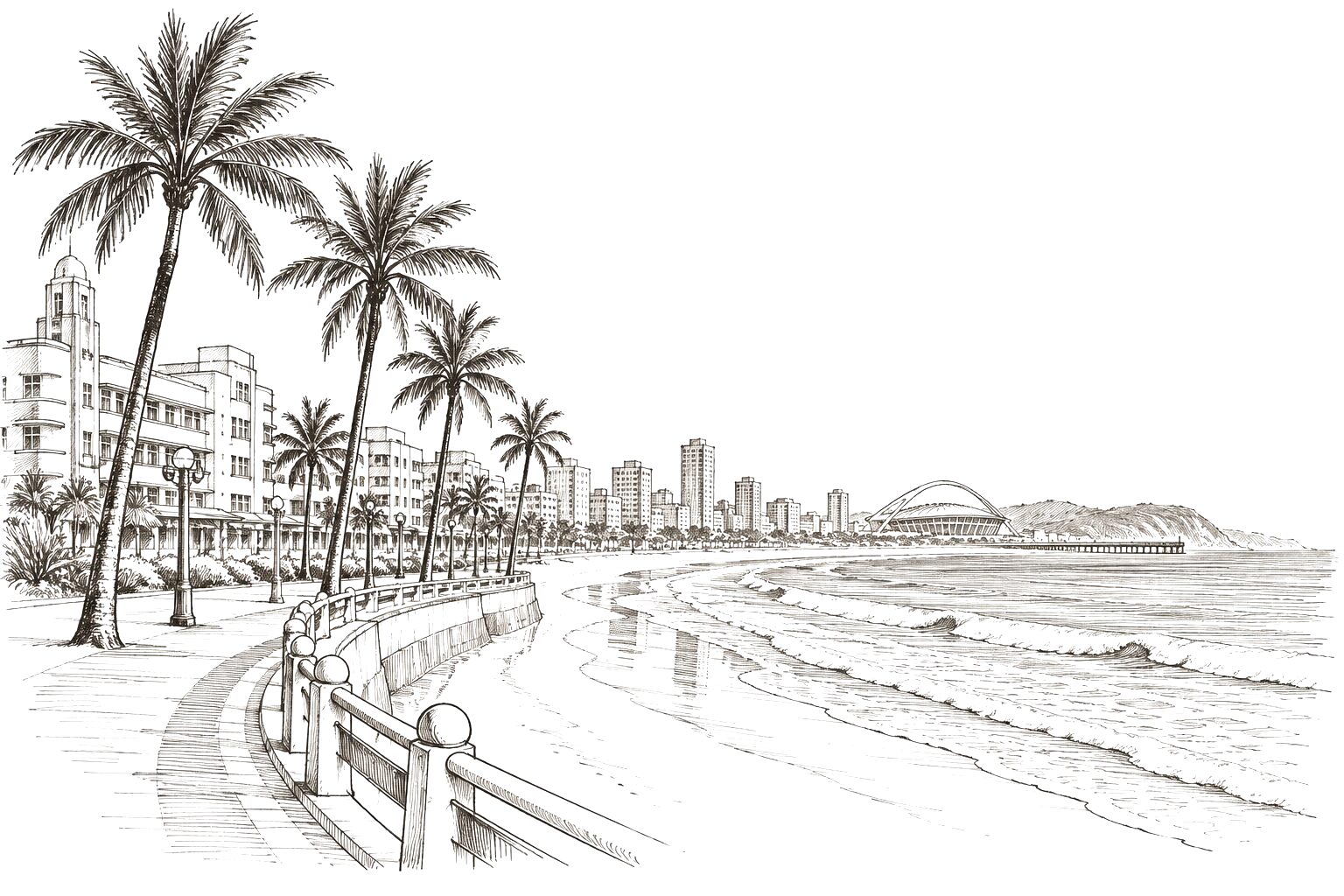 Hand-drawn Durban shoreline illustration