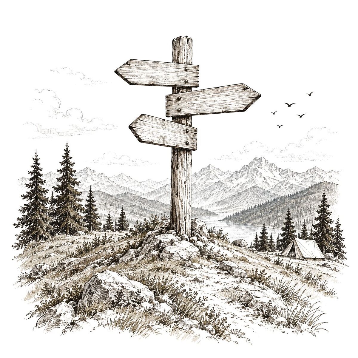 Hand-drawn signpost on a hilltop, your route starts here