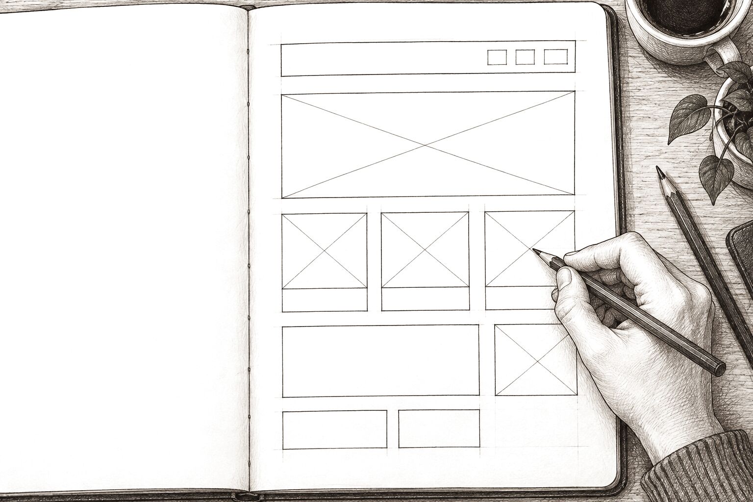 Hand-drawn website draft illustration