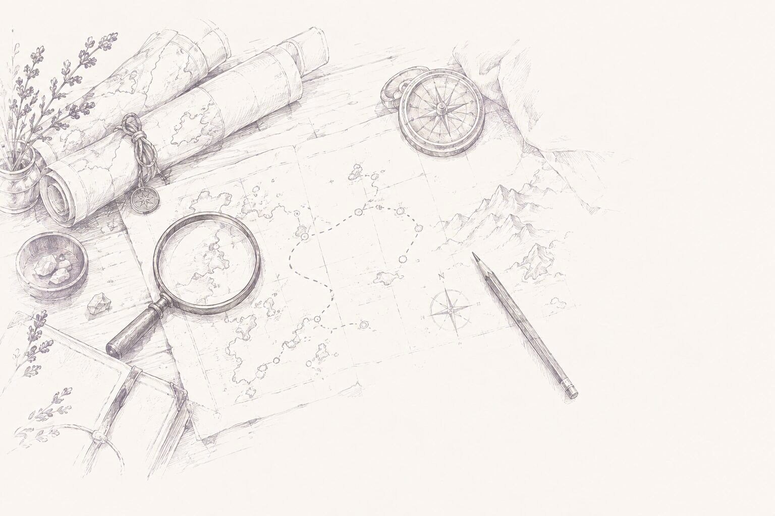 Hand-drawn explorer desk illustration