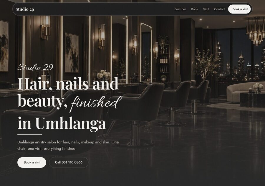 Studio 29 salon website homepage